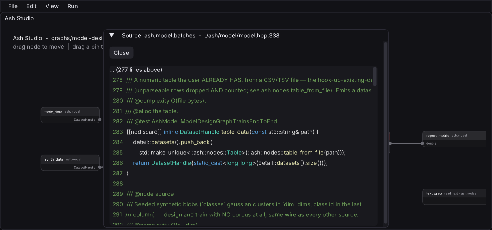 The Ash Studio source panel showing syntax-highlighted code for the selected node, over the pipeline canvas