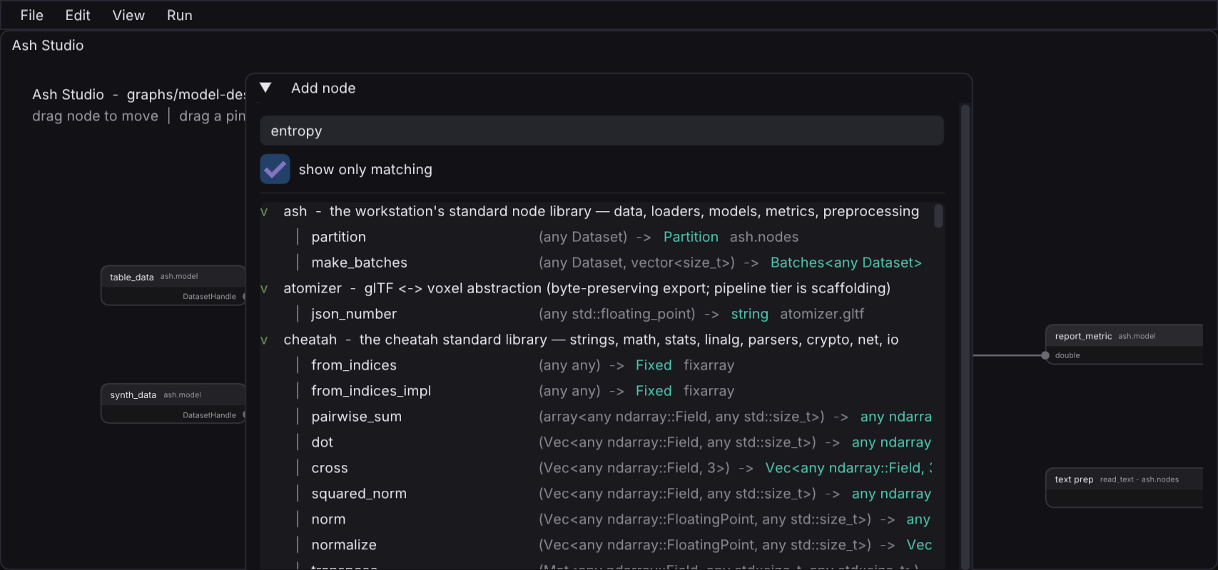 The Ash Studio node library open over a pipeline graph, searching the standard node catalogue with each node's kind, name, and full type signature