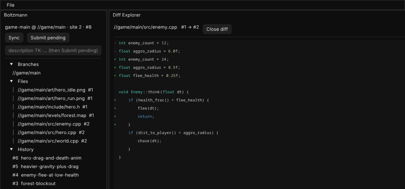 The Boltzmann VC Explorer: branches, files with revisions, and changelist history beside a syntax-highlighted diff of two revisions of a C++ file