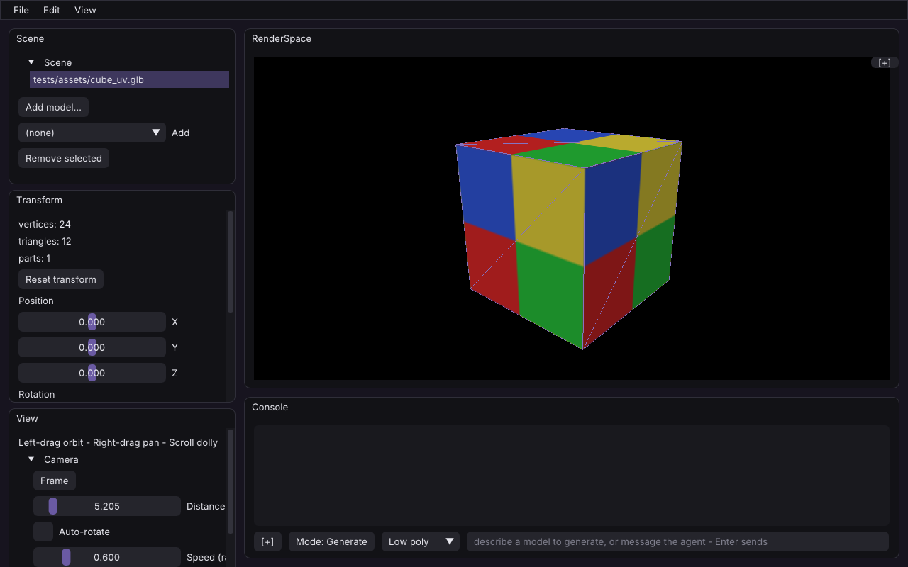 The godspeed editor in Generate mode: a model in the viewport, with the console's prompt bar and style picker below it
