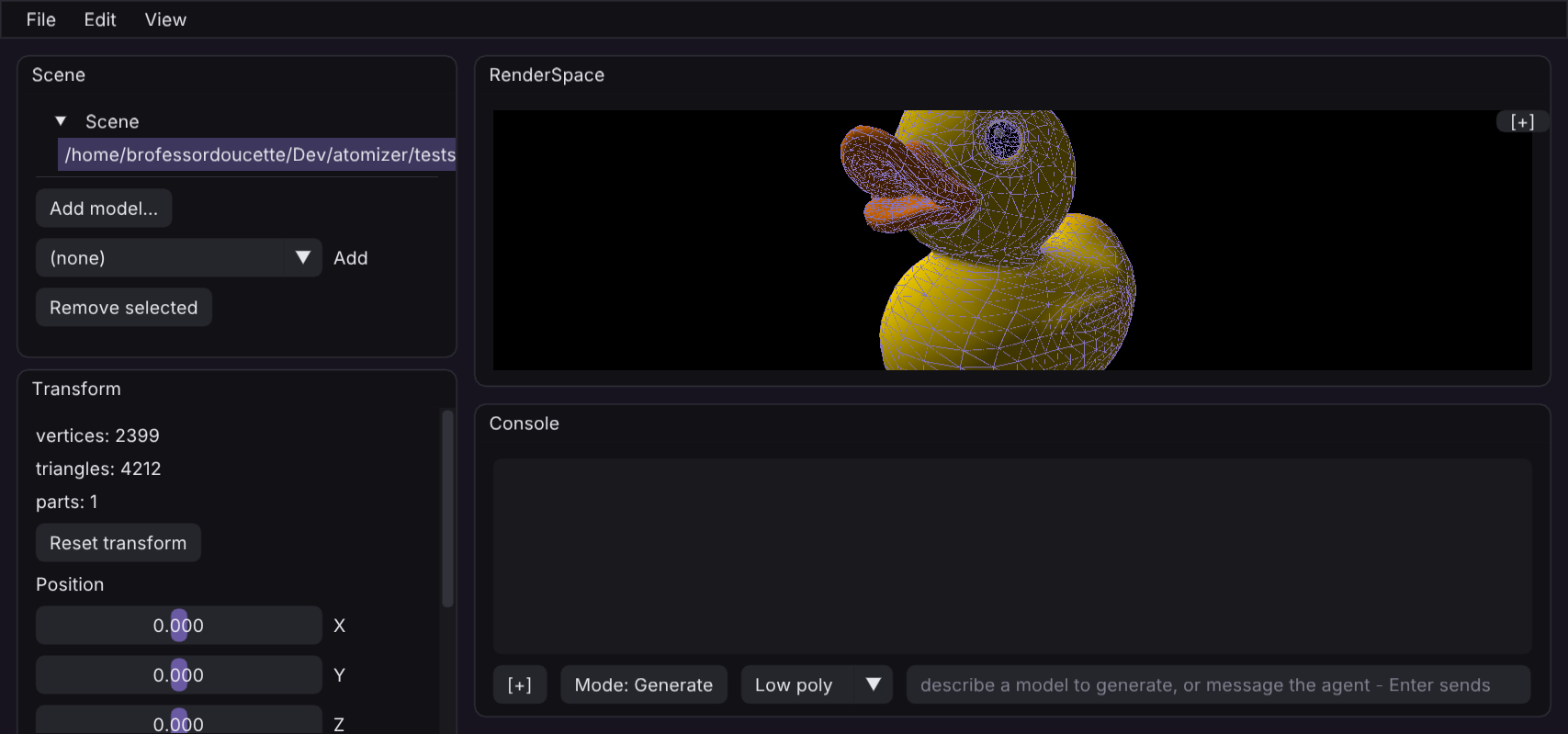 The godspeed engine scene view with a glTF duck model, scene tree, transform panel, and console